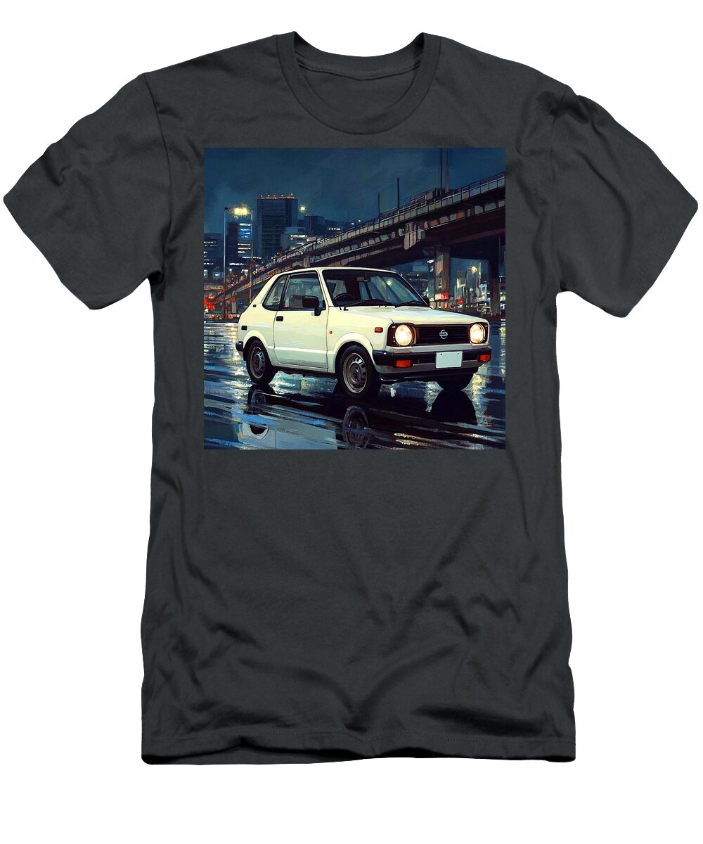 Vintage Car Rainy Night Nissan March 1982 Japan Hatchback Jdm Car Vintage Cityscape Grayson Sheppard T-Shirt