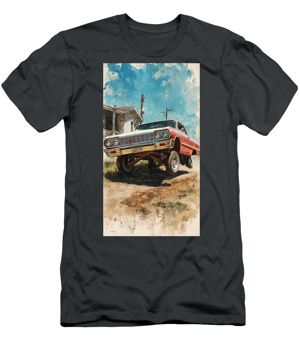 Vintage Custom Car a Retro Road Trip a of a Lowrider Car Bouncing with Its Hydraulic Lois Russo T-Shirt
