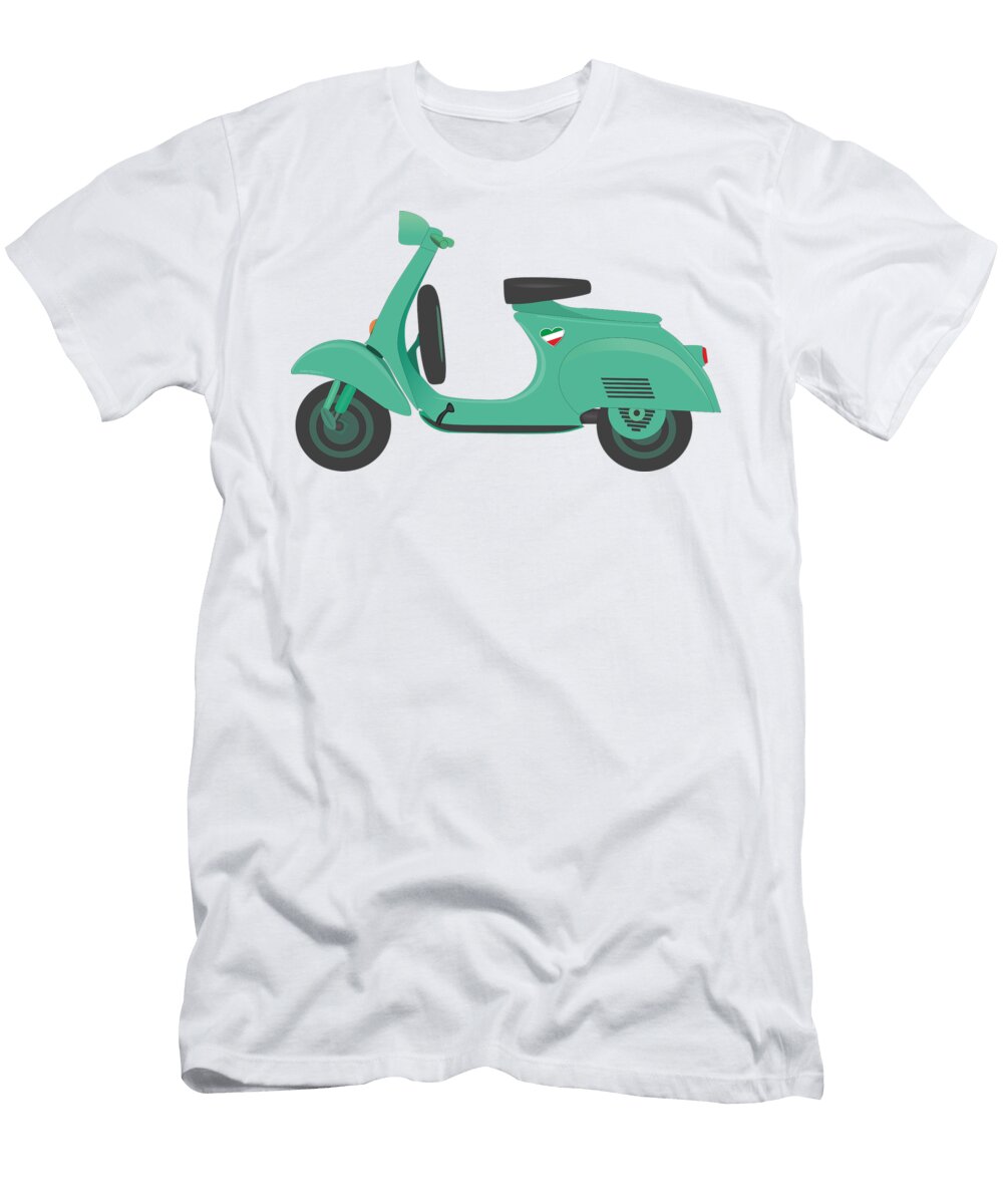 Vintage Green Italian Scooter with Italian Heart Sticker Under the Seat Idan Badishi T-Shirt