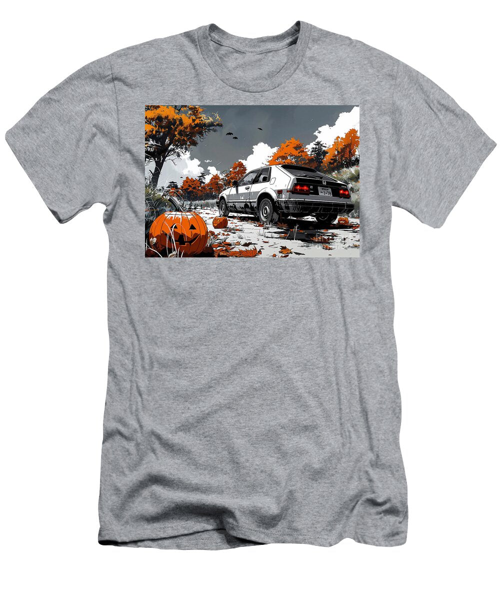 Vintage Honda Civic Hatchback in Autumn Forest with Pumpkins Halloween Illustration Clark Leffler T-Shirt
