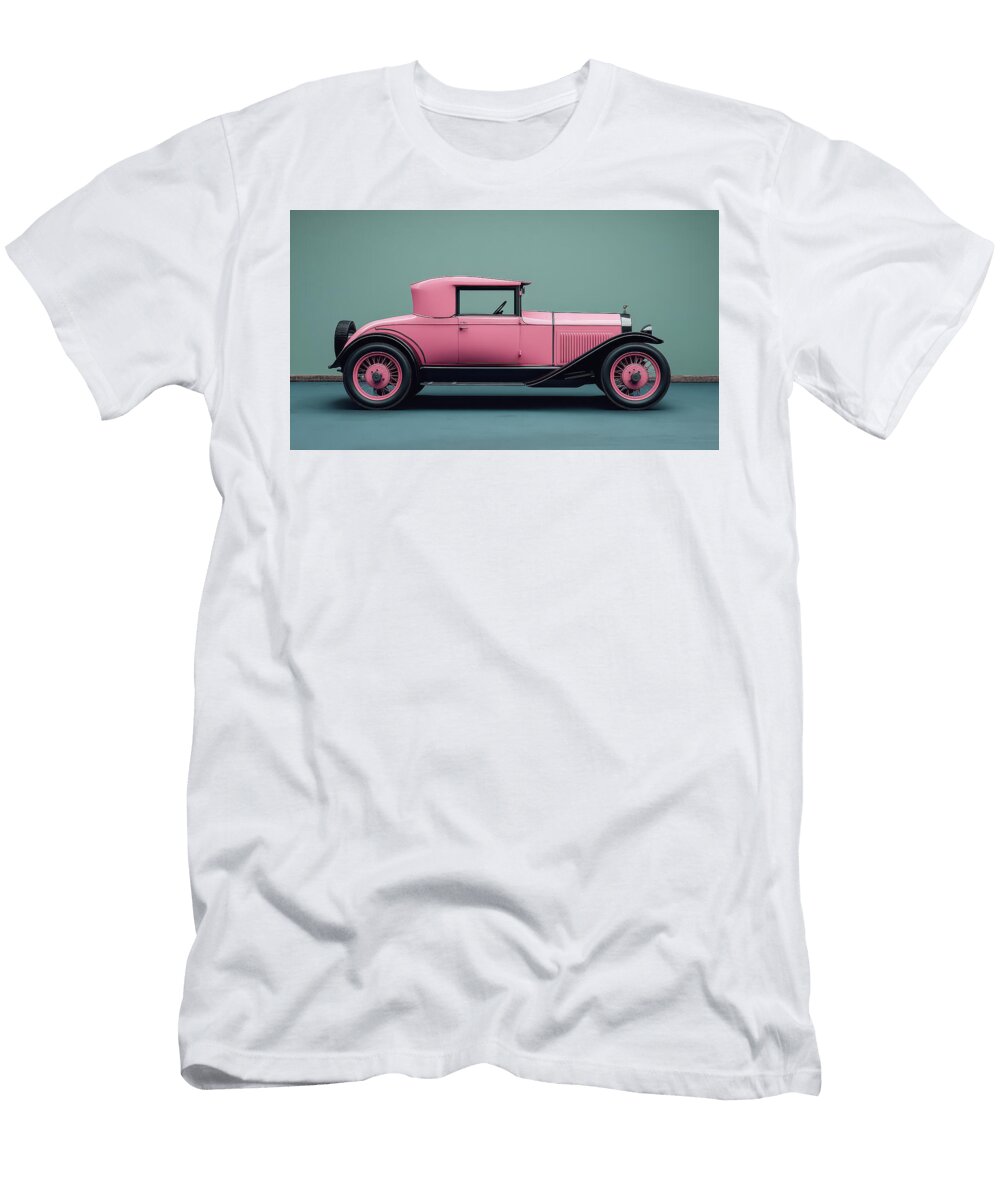 Vintage Pink Car on Teal Background Evie Carrier T-Shirt