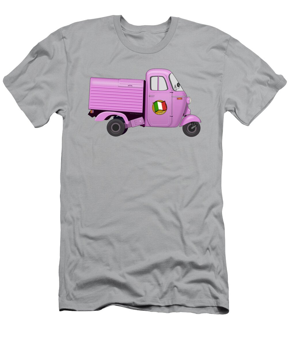Vintage Pink Italian Motorized Rikshaw with Italian Flag Sticker on the Door Idan Badishi T-Shirt