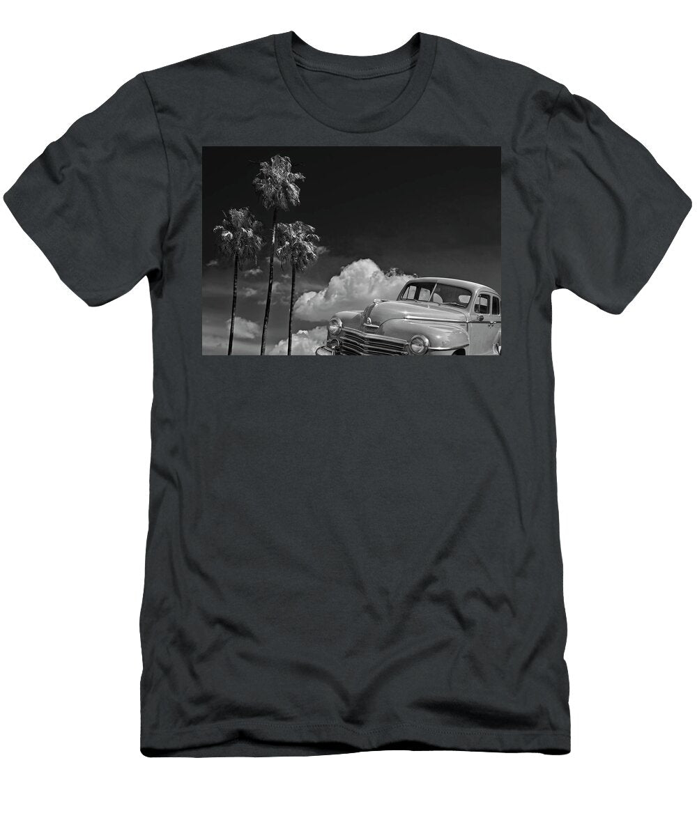 Vintage Plymouth Automobile in Black and White Against Palm Trees Randall Nyhof T-Shirt