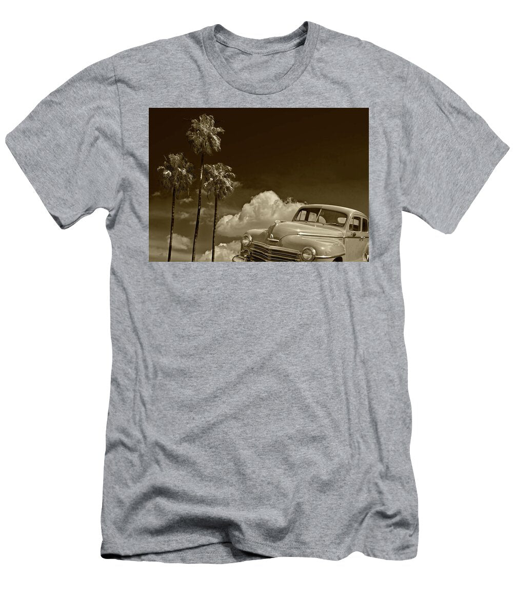Vintage Plymouth Automobile in Sepia Tone Against Palm Trees Randall Nyhof T-Shirt