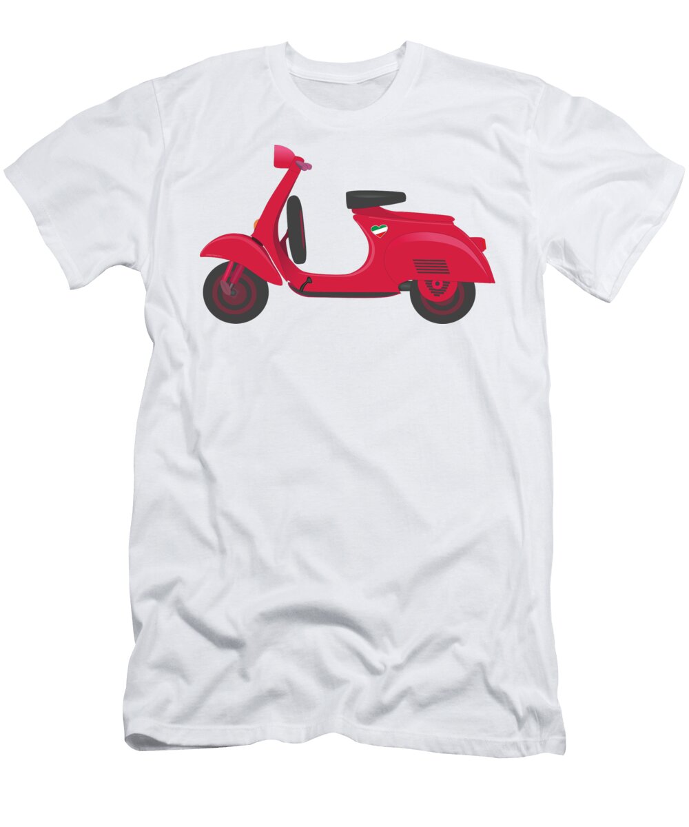 Vintage Red Italian Scooter with Italian Heart Sticker Under the Seat Idan Badishi T-Shirt
