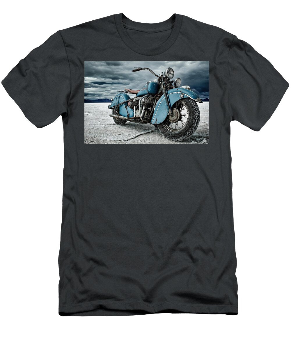 Vintaged Indian Blue Motorcycle Athena Mckinzie T-Shirt