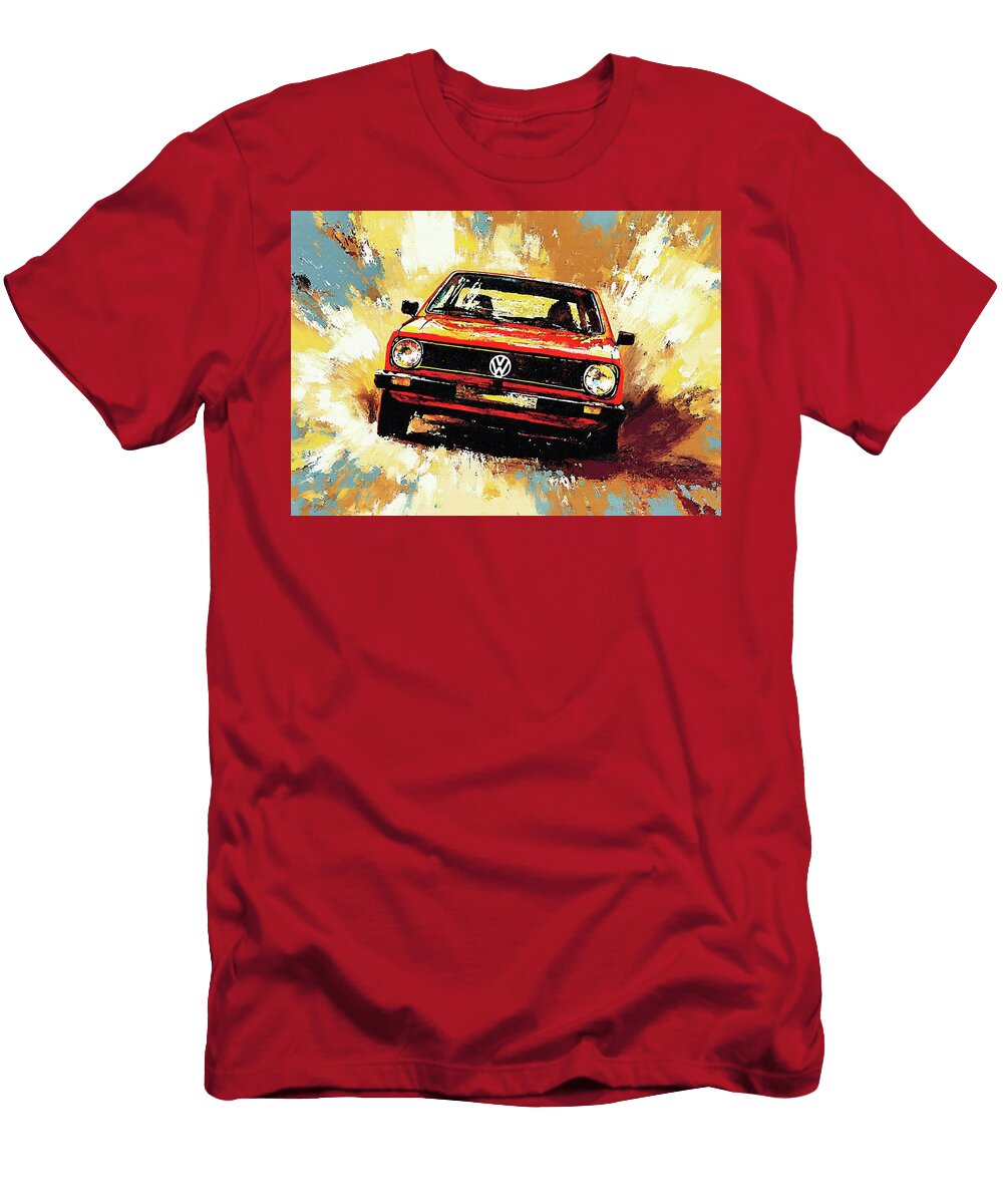 Volkswagen Golf 1974 Germany Hatchback Red Classic Car in Motion a Vibrant Vintage Automobile Paint Pollard Halle T-Shirt