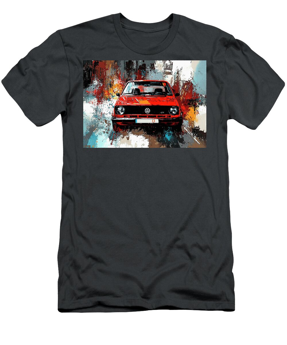 Volkswagen Golf Gti 1976 Germany Hatchback Red Classic Car in Abstract Urban Setting a Vibrant Pain Pollard Halle T-Shirt