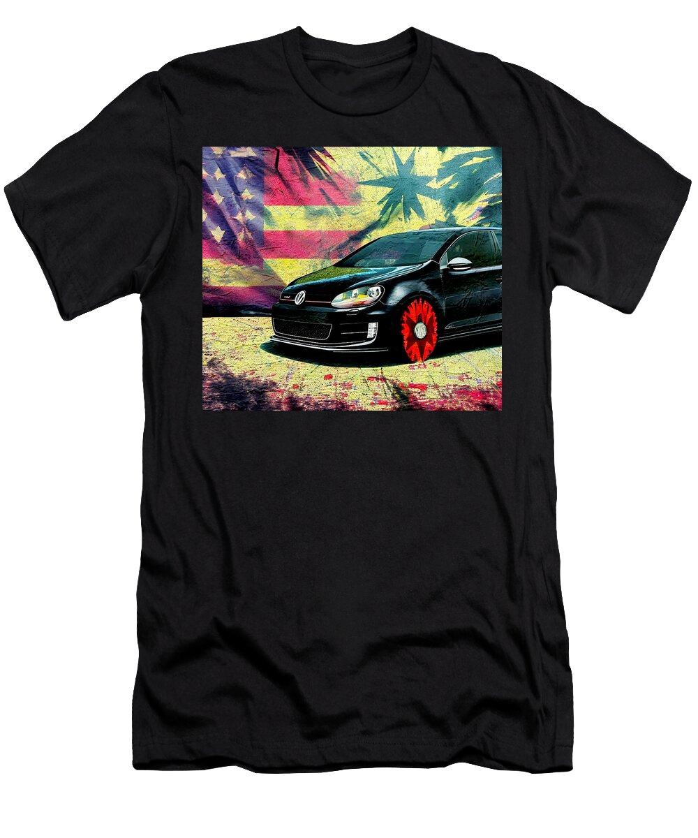Volkswagen Golf Gti Volkswagen Hatchback Black USA Flag Oil Paint Colorful Sun Edgar Dorice T-Shirt