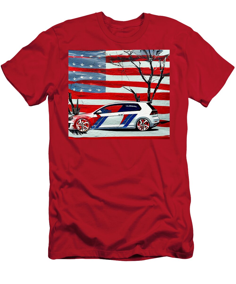 Volkswagen Golf Gti Volkswagen Hatchback Red USA Flag Oil Paint Colorful Sun Edgar Dorice T-Shirt