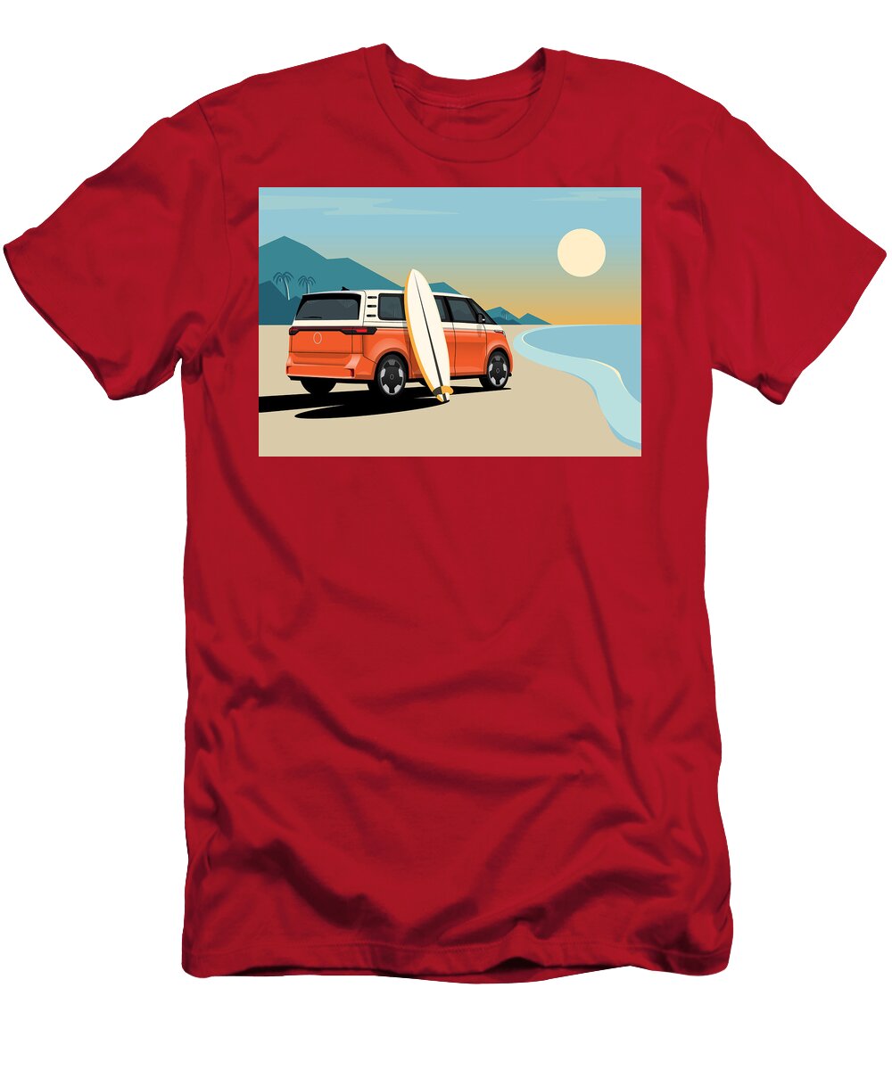 VW Buzz Orange Surf Van Vector Illustration John Cassella T-Shirt