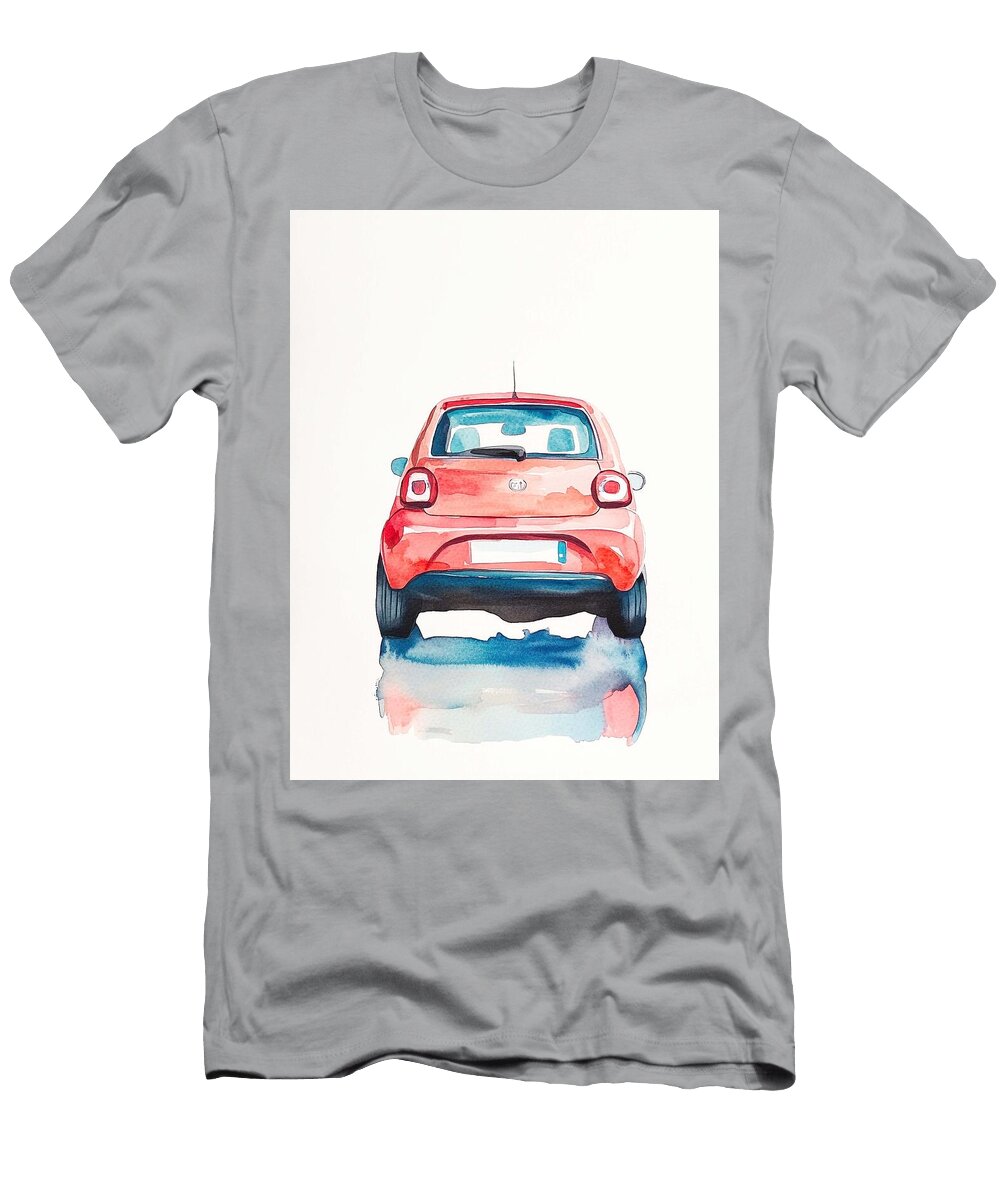 Watercolor Car Illustration a Fiat 500e 2021 Electric Red Hatchback Electric Italian Vibrant Red Veh Henry George T-Shirt