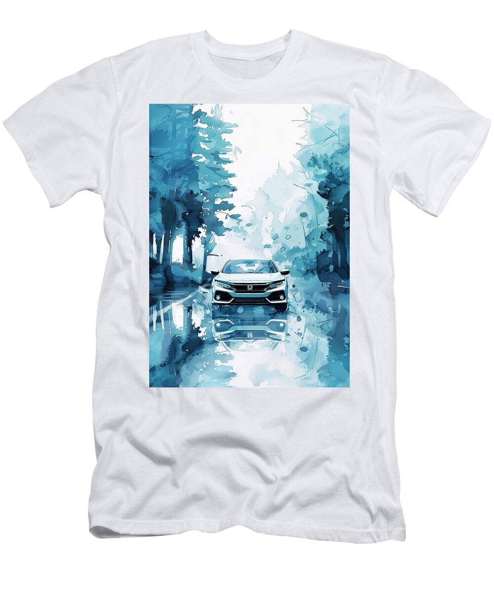 Watercolor Honda Civic Hatchback Car Art Blue Forest Drive Kari Goldfalse T-Shirt