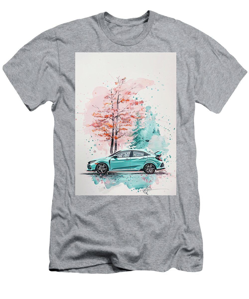 Watercolor Painting of a Blue Sports Honda Civic Hatchback Car with Trees Kari Goldfalse T-Shirt
