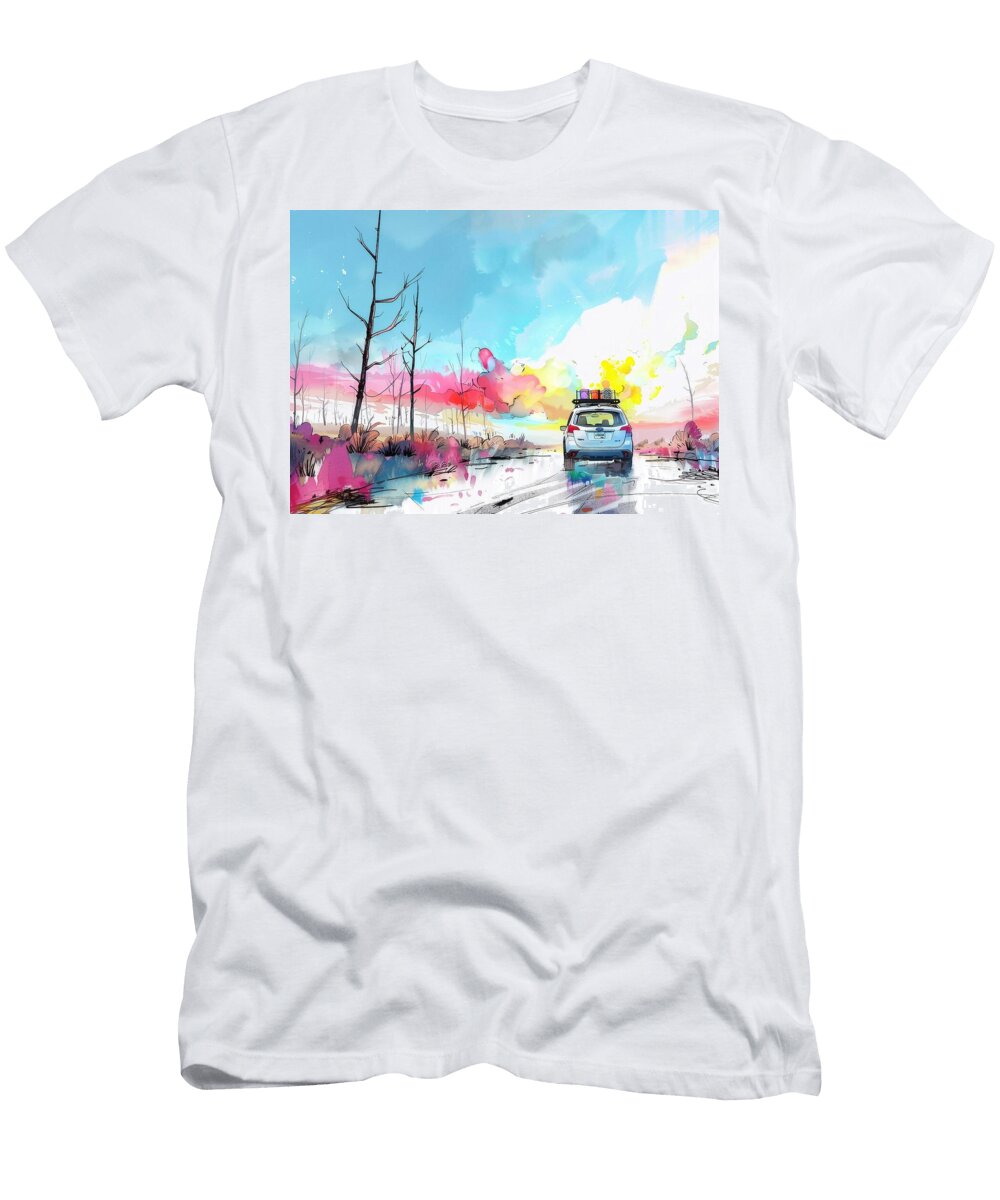Watercolor Painting of a Car on a Road Trip Through a Colorful Landscape Kari Goldfalse T-Shirt