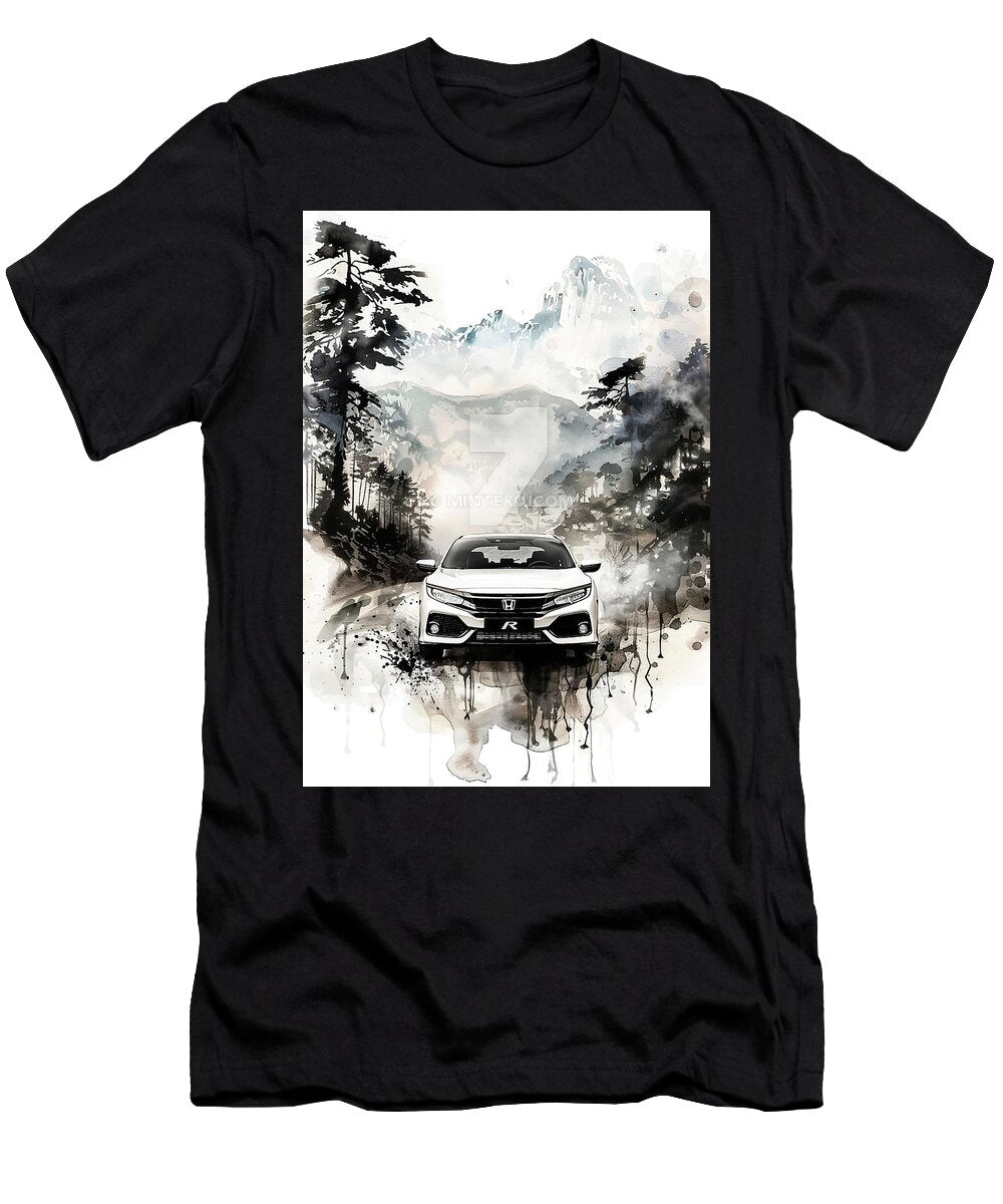 Watercolor Painting of a Honda Civic Hatchback Car in a Mountain Landscape Kari Goldfalse T-Shirt
