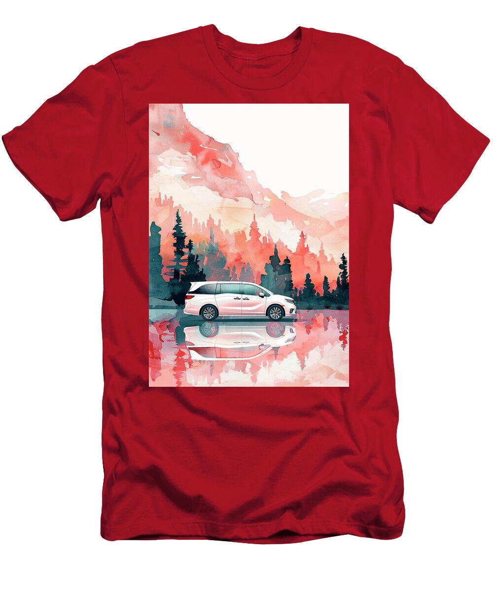 Watercolor Painting of a Minivan Reflected in a Lake with a Mountain Landscape Kari Goldfalse T-Shirt