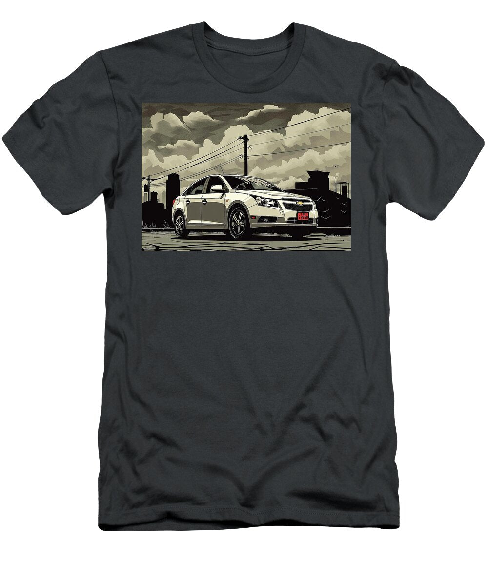 White Chevrolet Cruze Hatchback Car Illustration in a Cityscape Setting Destiney Sullivan T-Shirt