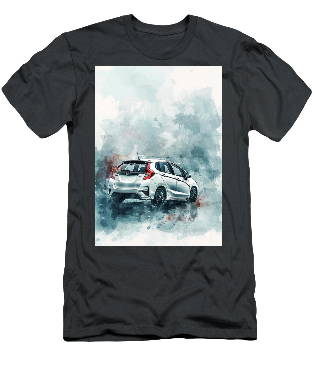 White Hatchback Honda Fit Car Watercolor Illustration Rear View Kari Goldfalse T-Shirt