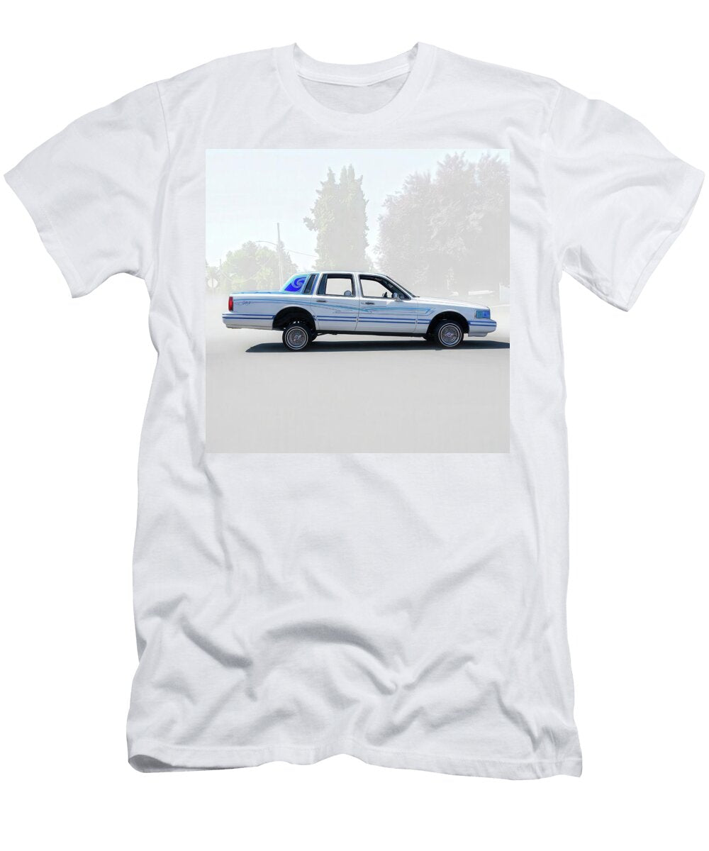 White Lowrider Car Blue Graphics Classic Custom Lowered Vehicle Street Culture Cathy Anderson T-Shirt