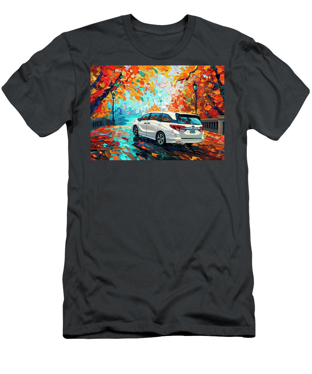 White Minivan in Autumn Cityscape Impressionist Style Painting Kari Goldfalse T-Shirt