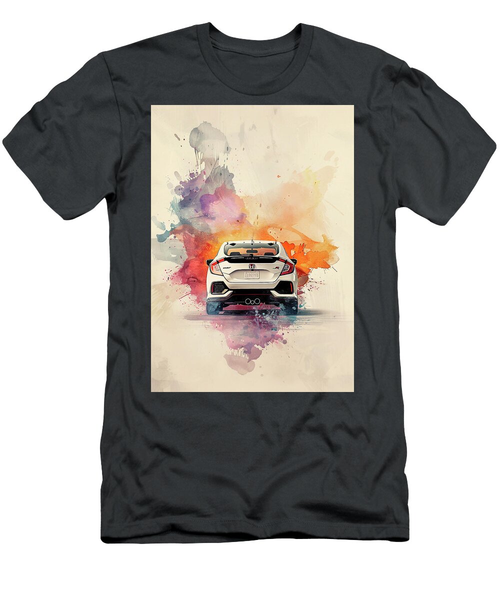 White Sports Honda Civic Hatchback Car Watercolor Art Rear View Kari Goldfalse T-Shirt