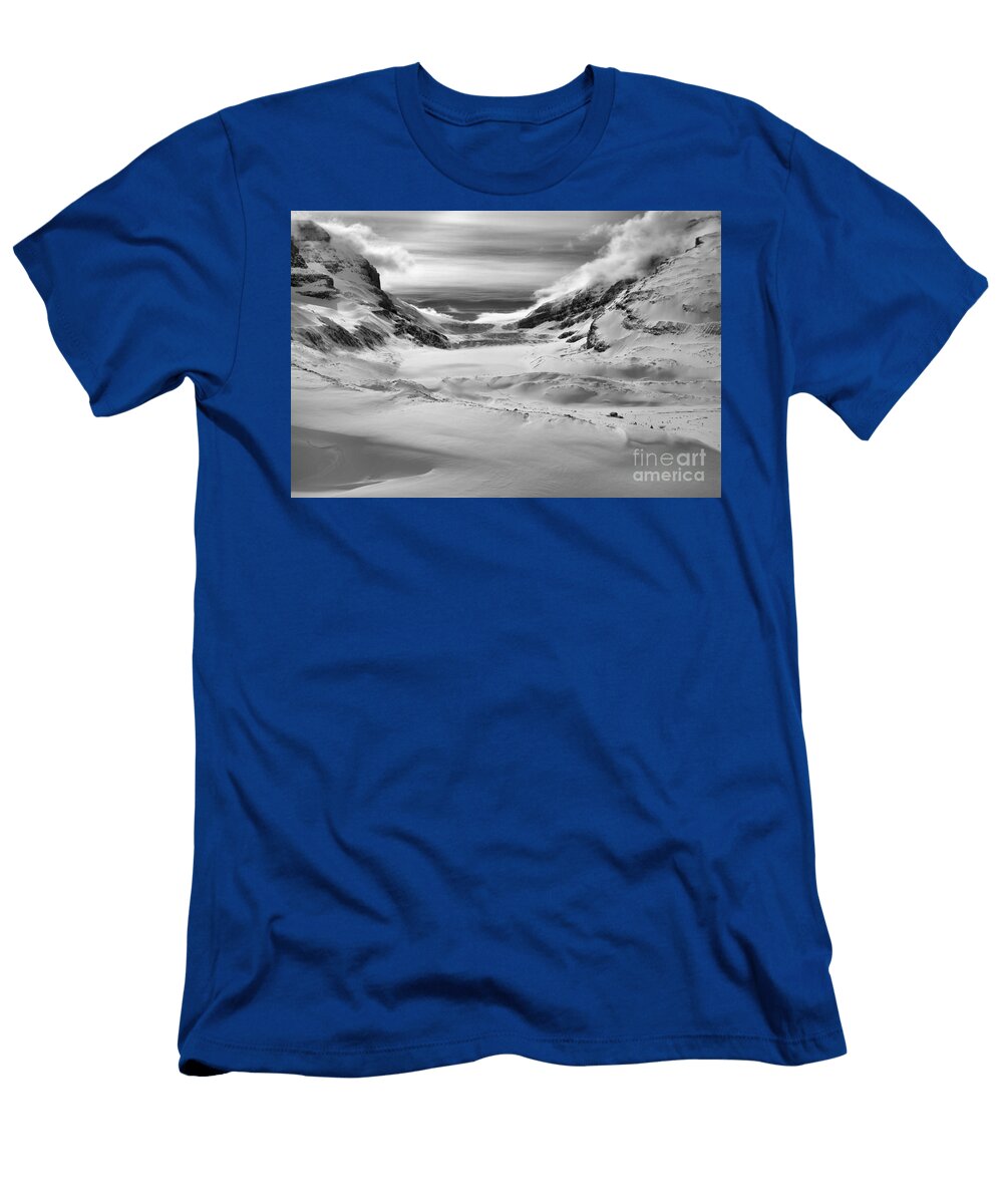 Winter Shadows Below the Athabasca Glacier Black and White Adam Jewell T-Shirt