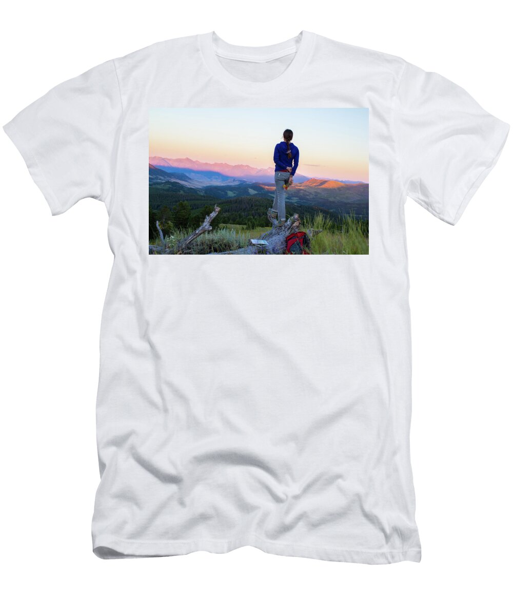 Woman Stands and Watches the Sunset Hannah Dewey T-Shirt