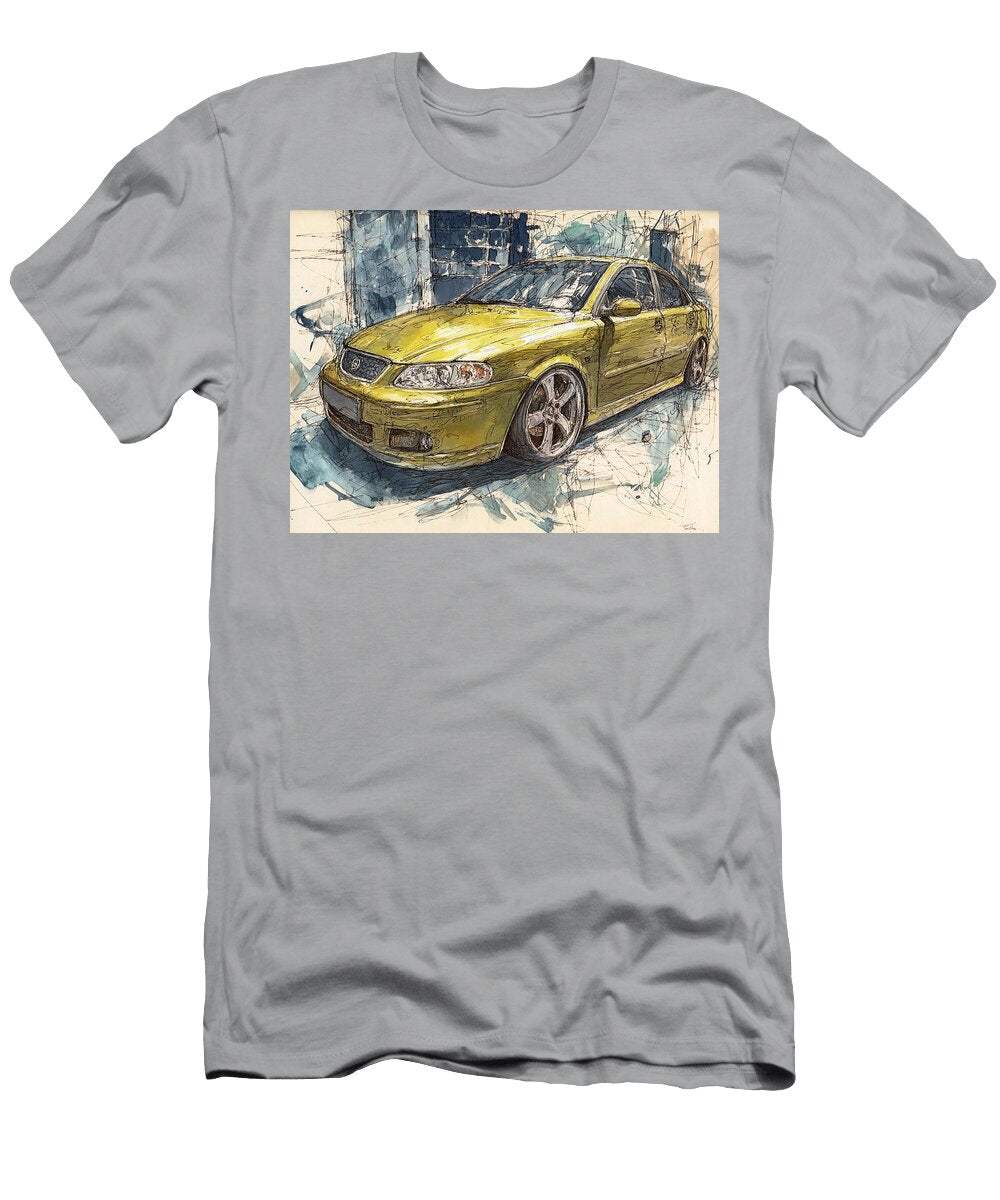 Yellow Sedan in Urban Setting Car Illustration Saab 9 3 2000 Sedan Artistic Vehicle Yellow Car Drawi Hollie Love T-Shirt