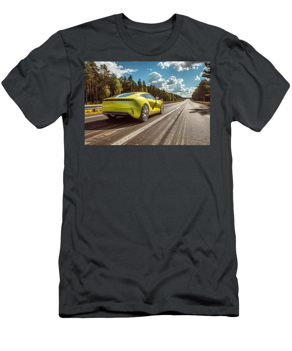 Yellow Sports Car on Forest Road Evie Carrier T-Shirt