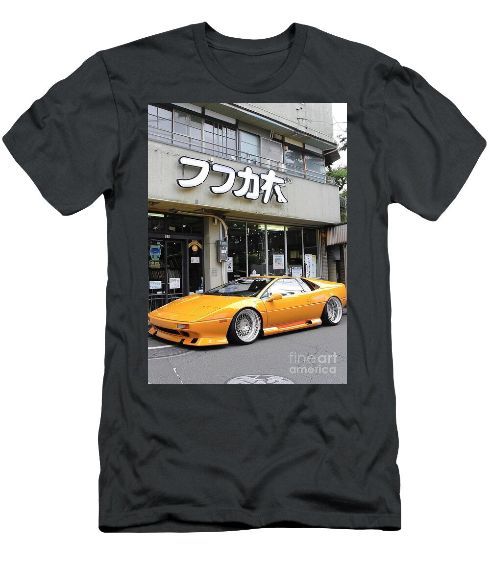 Yellow Sports Lotus Esprit Car Parked in Front of a Store in Japan Lowell Harann T-Shirt