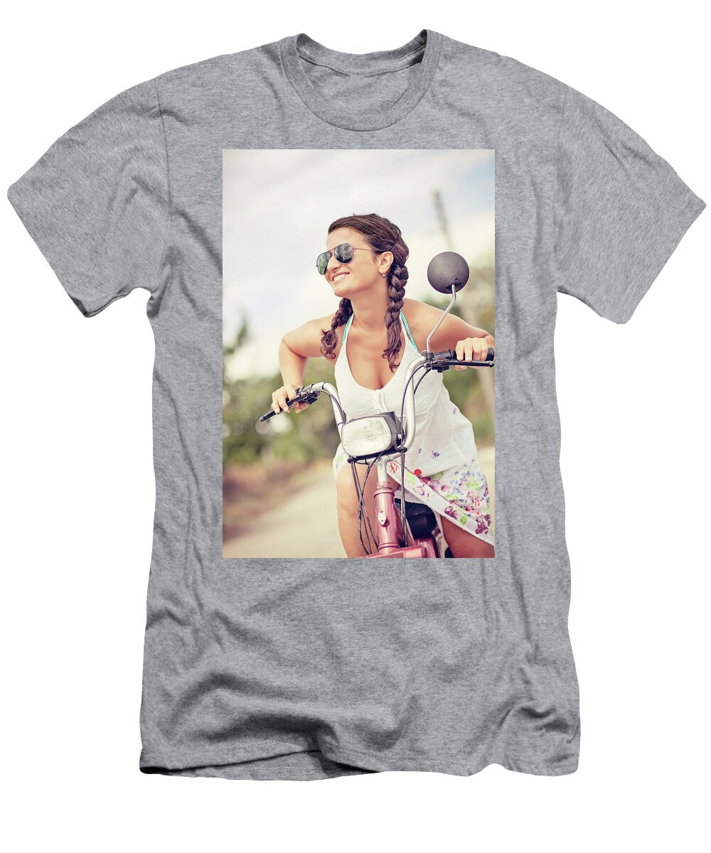 Young Smiling Woman on Scooter with Sunglasses and Braid Hair Michael Dechev T-Shirt